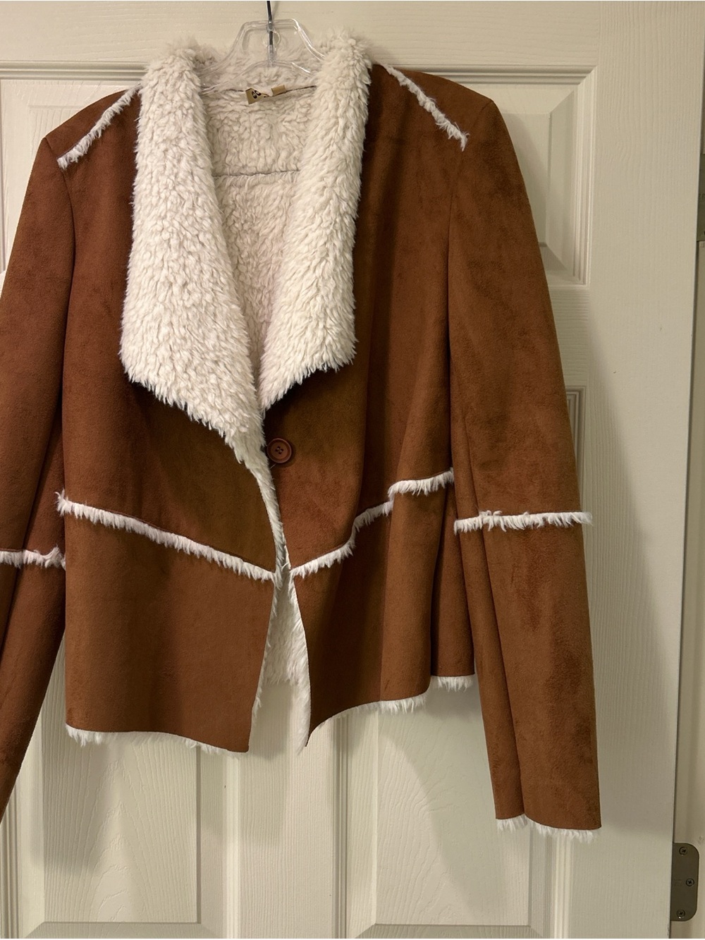 Brown Faux Suede Teddy Jacket with Cream Sherpa Trim